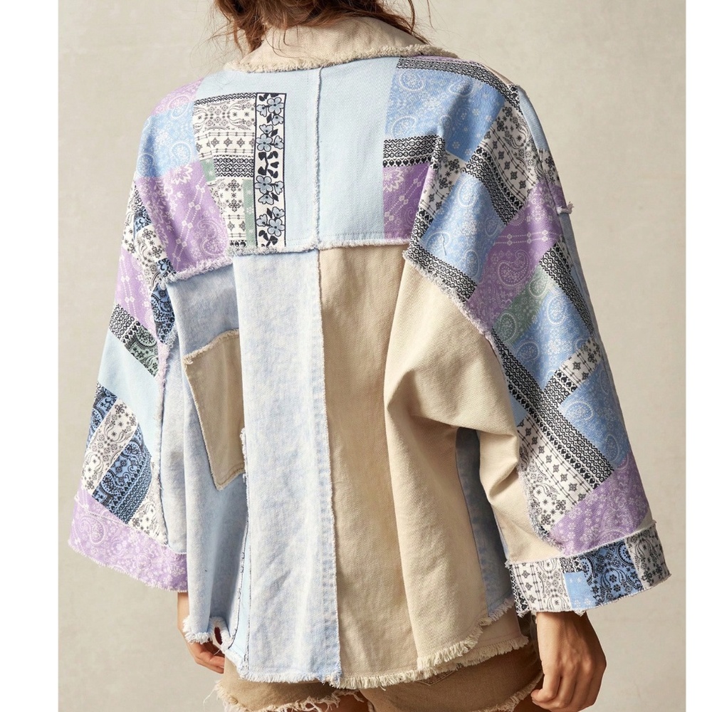 Boho Colorful patchwork Frayed Detail Oversized Top - Picture 5 of 7